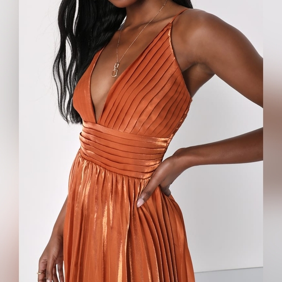 Lulu's Rust Orange Pleated Midi Sundress  Long Dress Size S - Picture 1 of 11